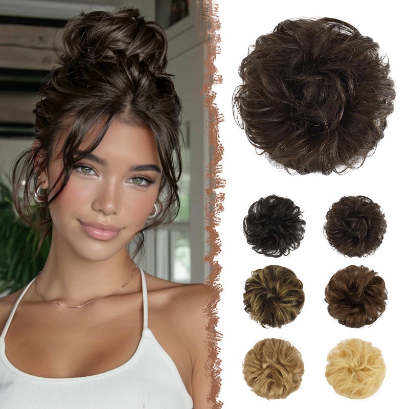 FESHFEN Human Messy Buns - 100% Human Hair Bun Real Scrunchies Hair Pieces Ponytail Extensions Wavy Tousled Updo Chignon Hairpieces for Women, Brown - Image 1